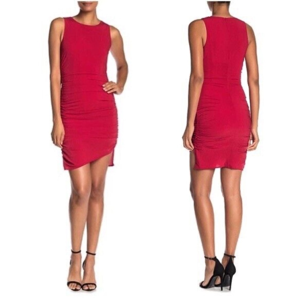 NSR Ruched Front Asymmetrical Dress in Cranberry Red Size Large